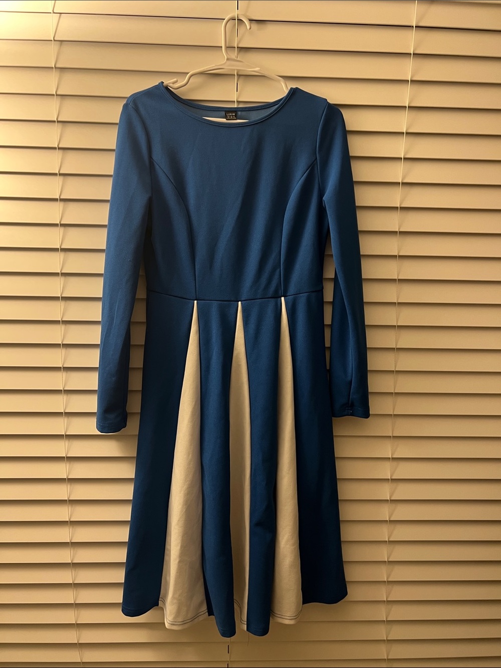 SHEIN Blue and Cream Long Sleeve Pleated Skater Dress